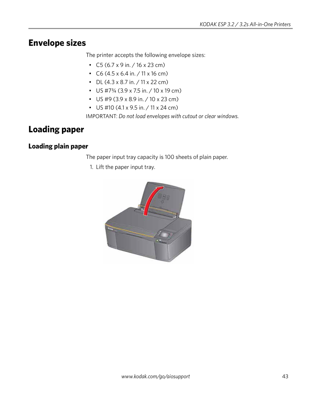 Kodak 3.2S manual Envelope sizes, Loading paper, Loading plain paper 