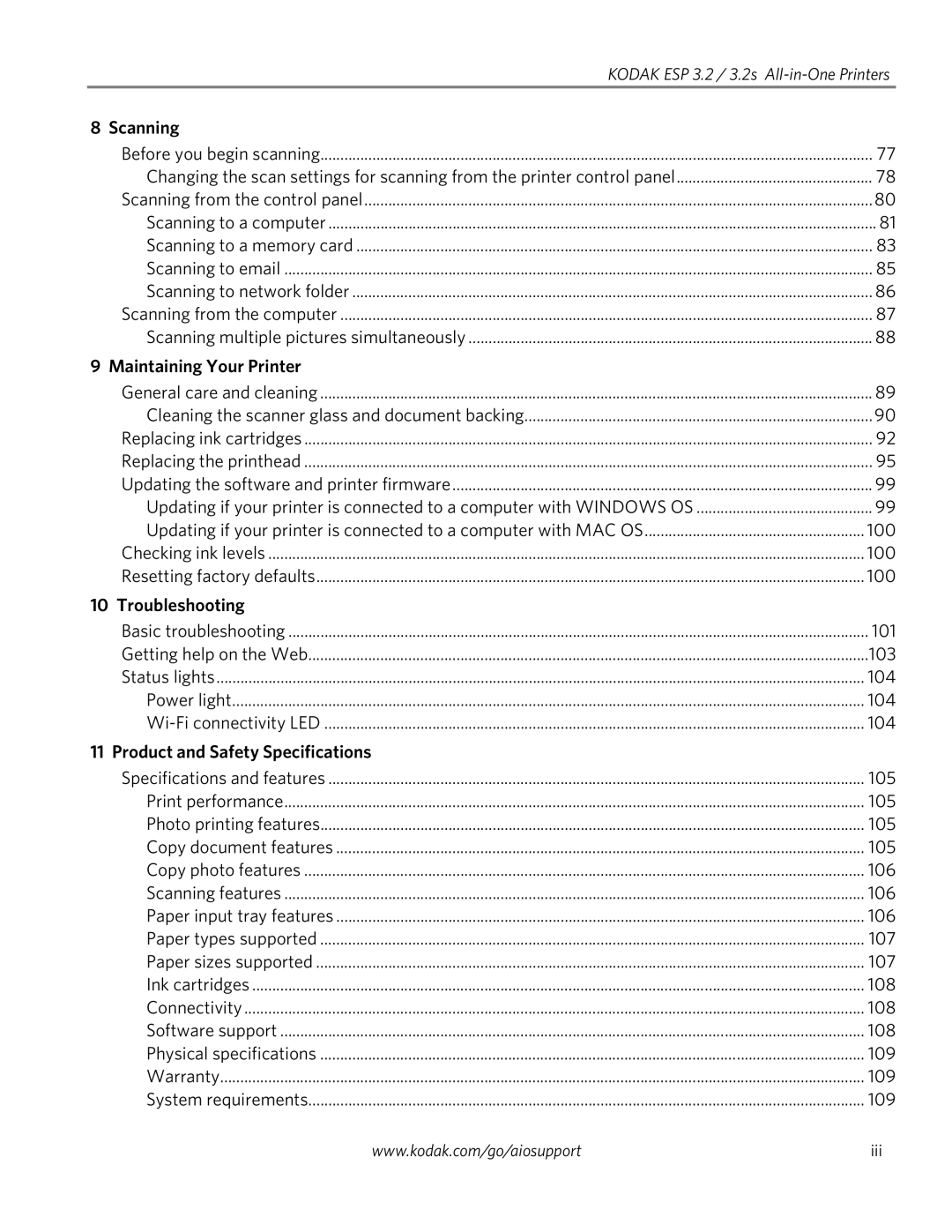 Kodak 3.2S manual Scanning, Maintaining Your Printer, Troubleshooting, Product and Safety Specifications 