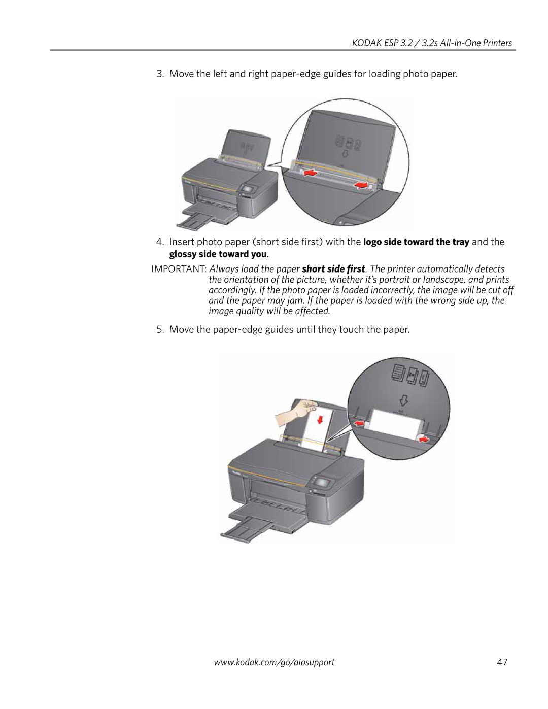 Kodak 3.2S manual Move the paper-edge guides until they touch the paper 