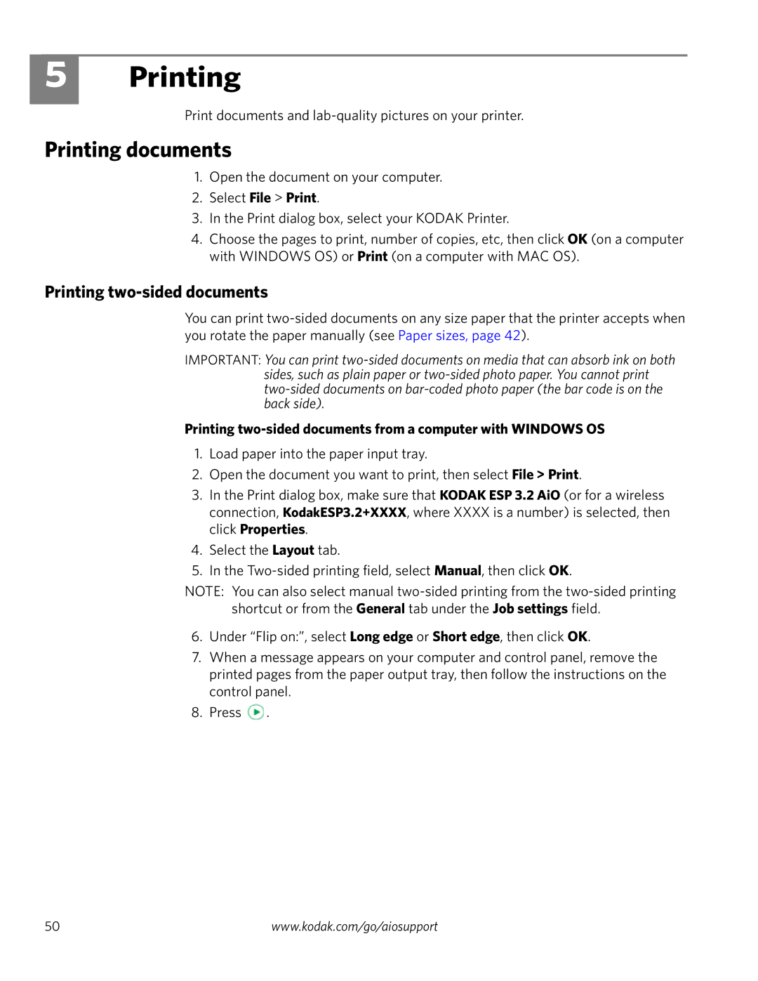 Kodak 3.2S manual Printing documents, Printing two-sided documents 