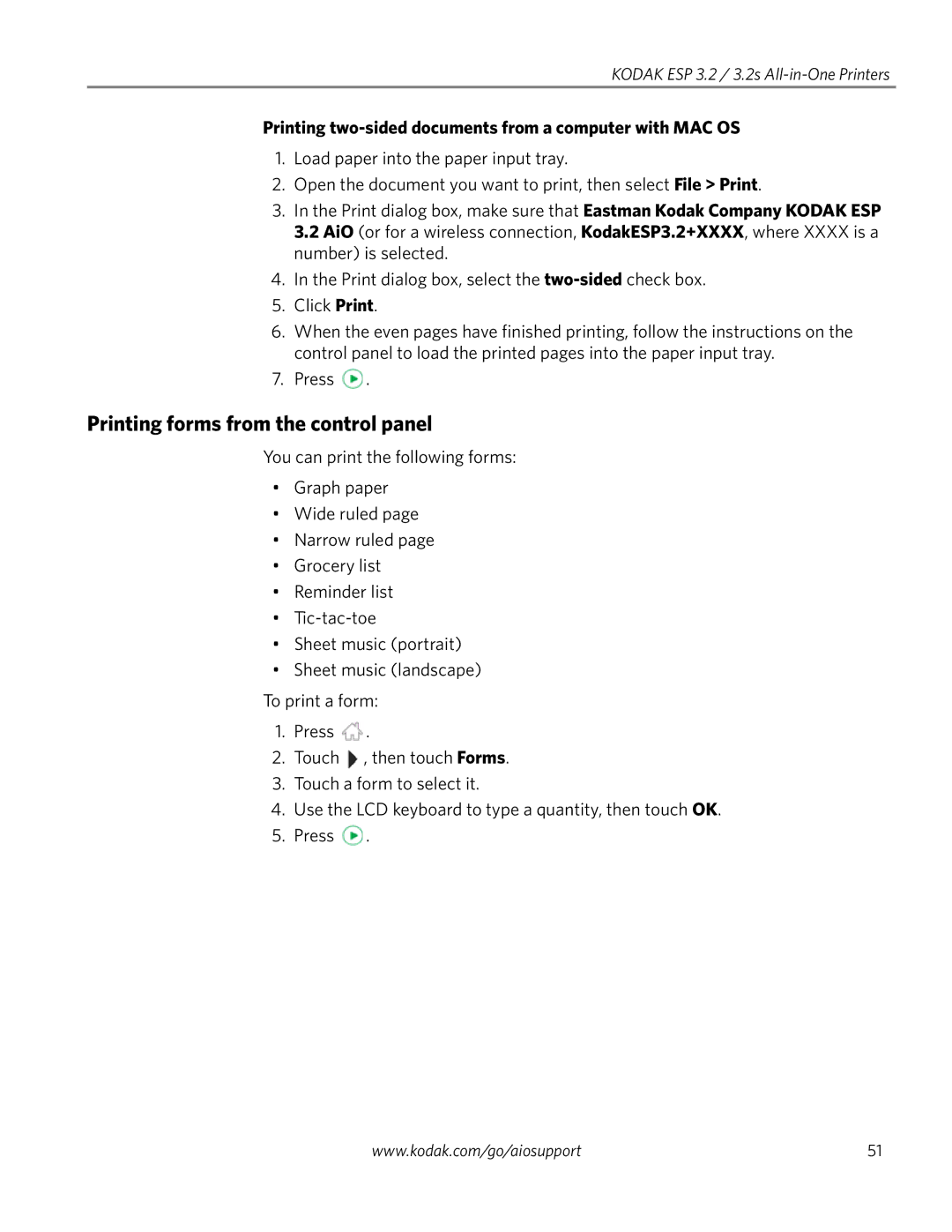 Kodak 3.2S manual Printing forms from the control panel, Printing two-sided documents from a computer with MAC OS 