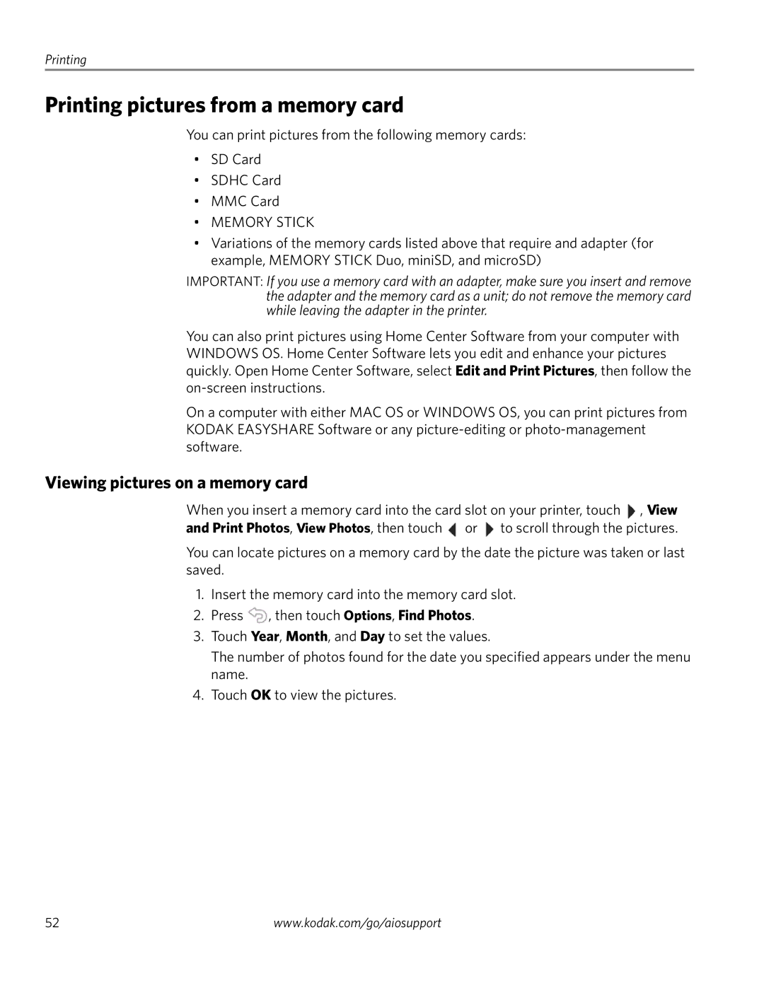 Kodak 3.2S manual Printing pictures from a memory card, Viewing pictures on a memory card 