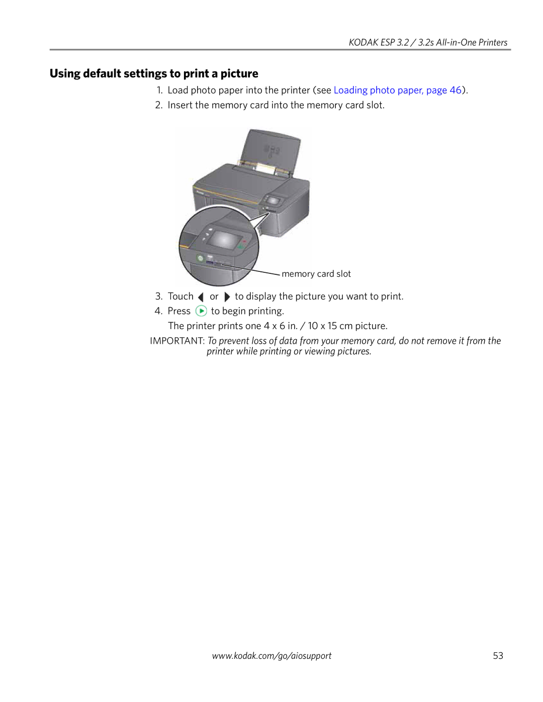 Kodak 3.2S manual Using default settings to print a picture 