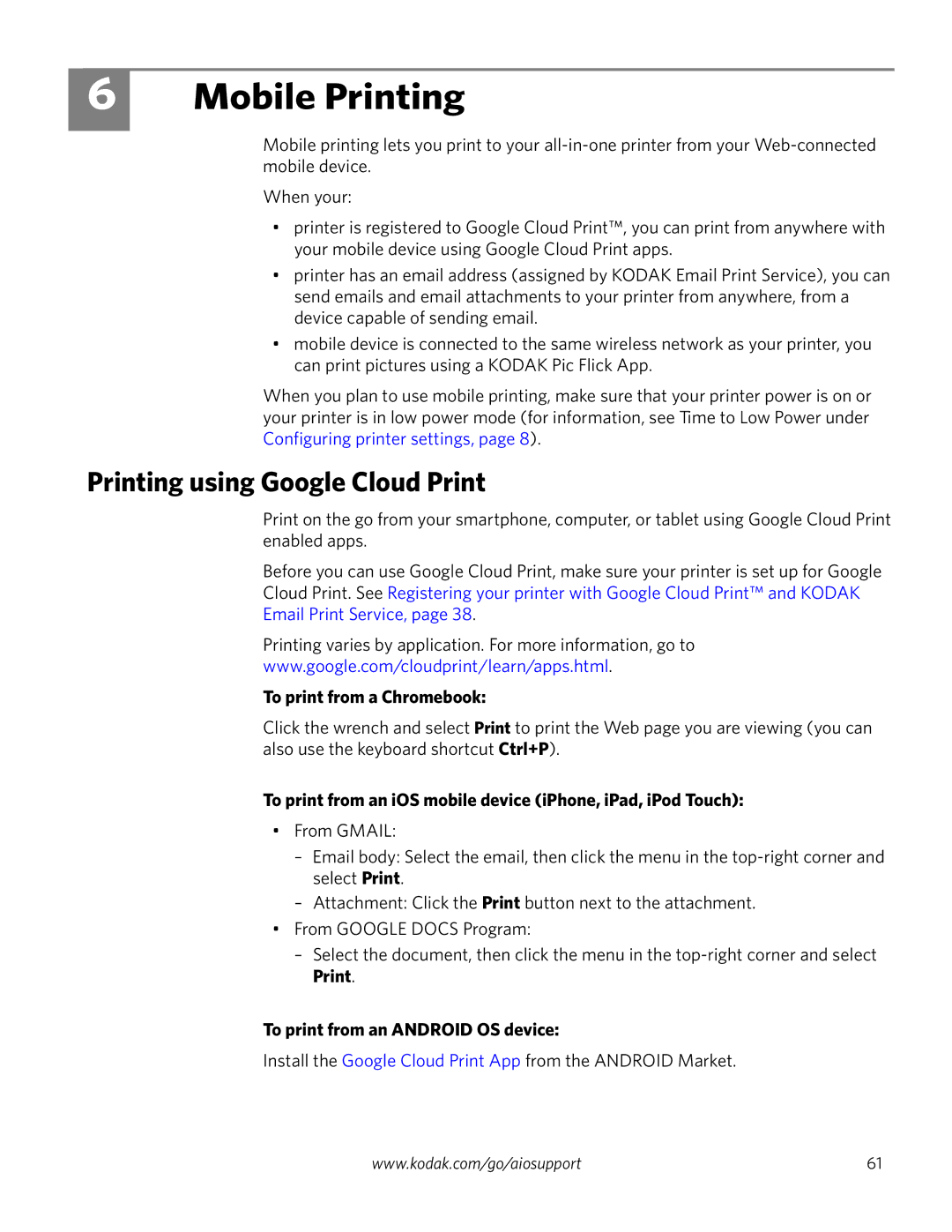 Kodak 3.2S manual Mobile Printing, Printing using Google Cloud Print, To print from a Chromebook 