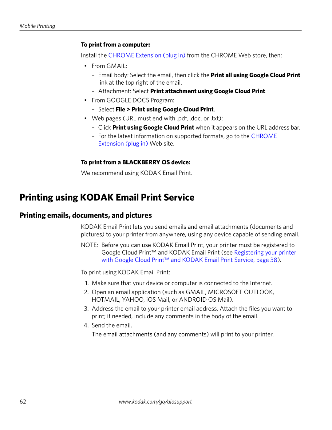 Kodak 3.2S manual Printing using Kodak Email Print Service, Printing emails, documents, and pictures 