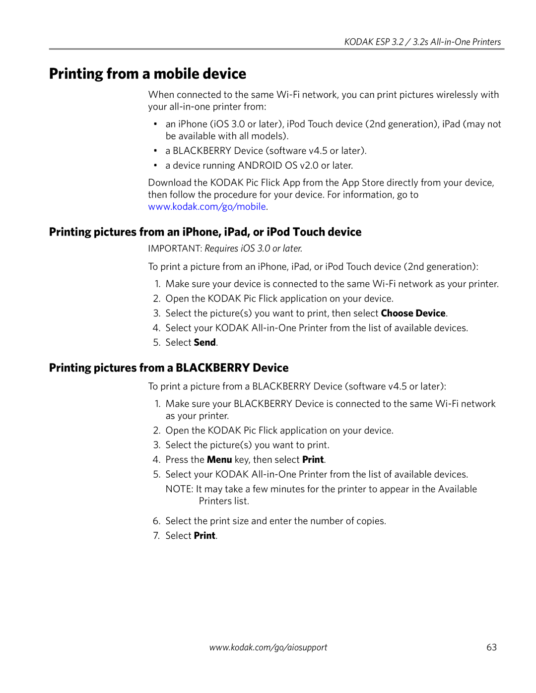 Kodak 3.2S manual Printing from a mobile device, Printing pictures from a Blackberry Device 