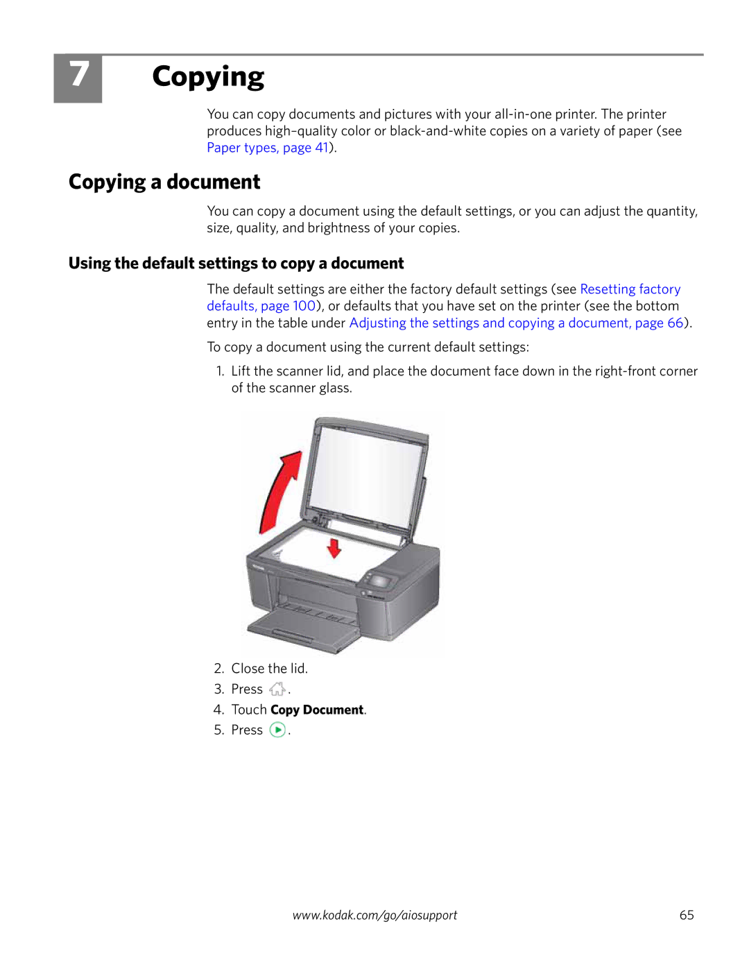 Kodak 3.2S manual Copying a document, Using the default settings to copy a document, Touch Copy Document 