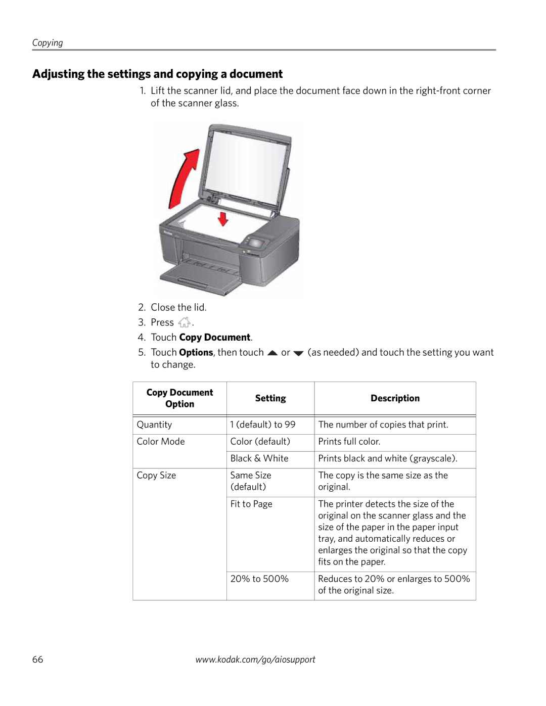 Kodak 3.2S manual Adjusting the settings and copying a document, Touch Copy Document, Copy Document Setting Description 