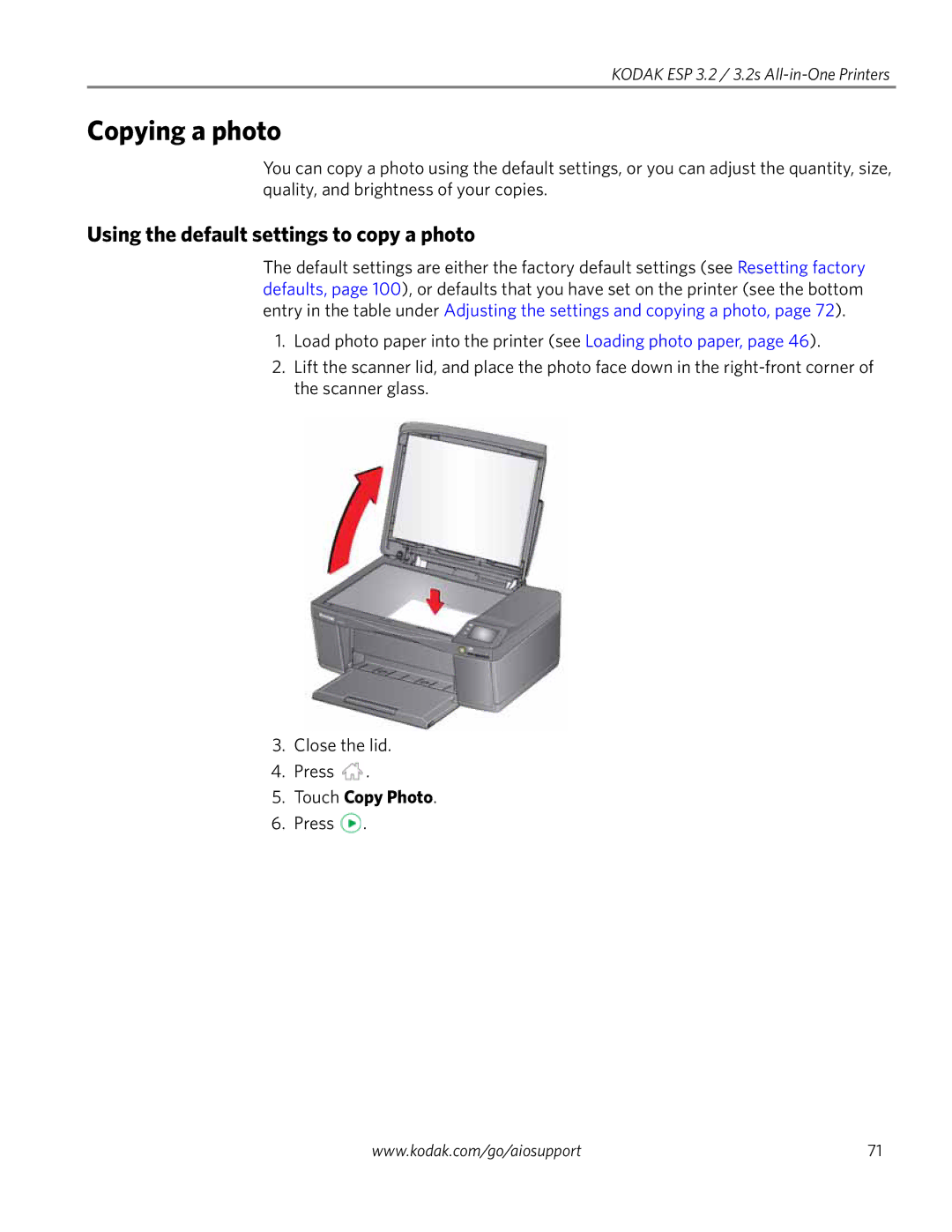 Kodak 3.2S manual Copying a photo, Using the default settings to copy a photo, Touch Copy Photo 