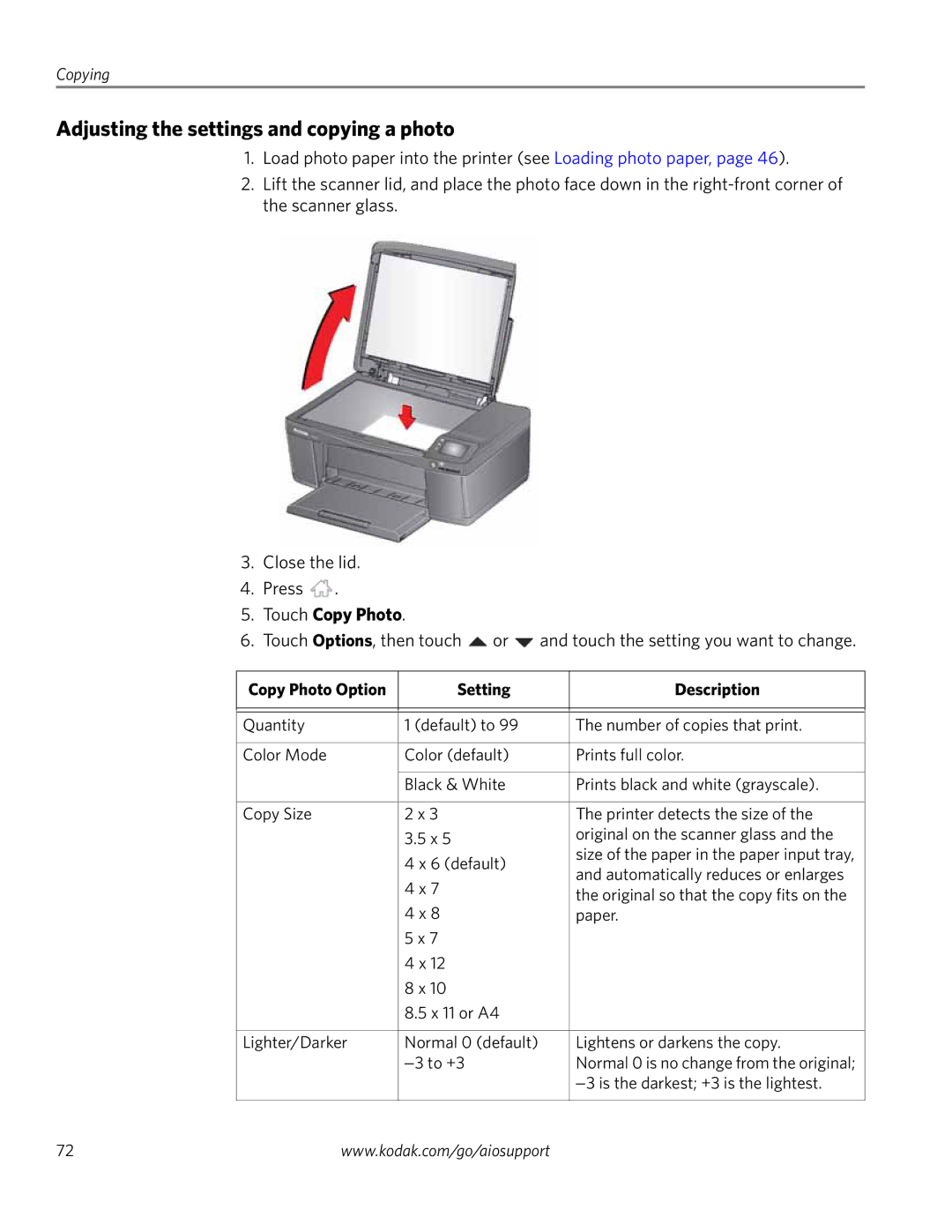 Kodak 3.2S manual Adjusting the settings and copying a photo, Copy Photo Option Setting Description 