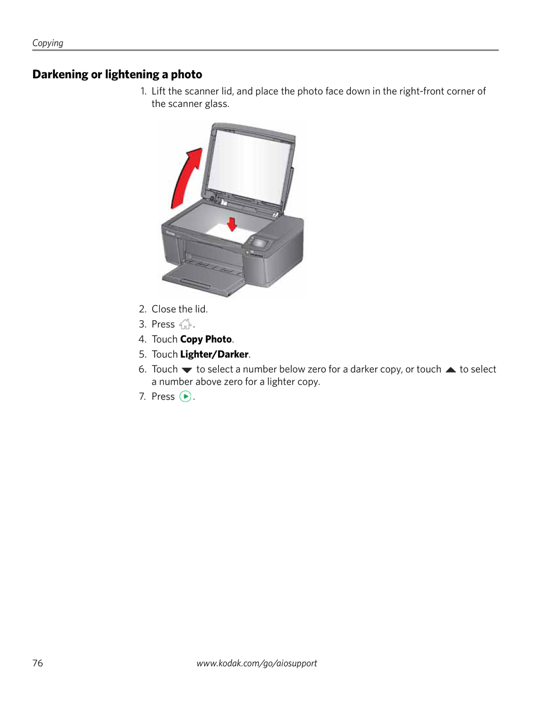 Kodak 3.2S manual Darkening or lightening a photo, Touch Copy Photo Touch Lighter/Darker 