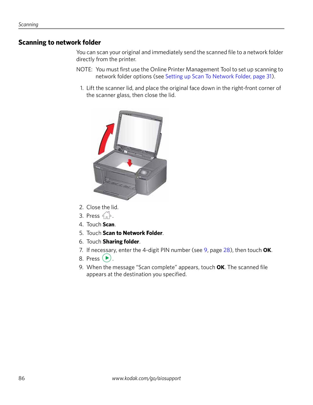 Kodak 3.2S manual Scanning to network folder, Touch Scan to Network Folder Touch Sharing folder 