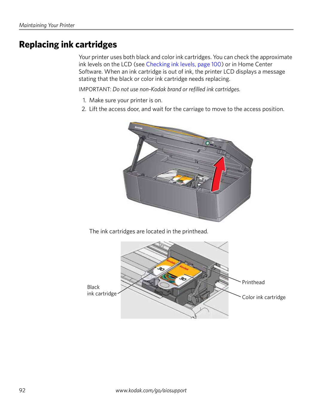 Kodak 3.2S manual Replacing ink cartridges 