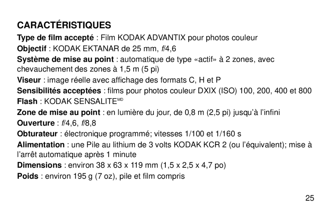 Kodak 3200 AF manual Caractéristiques 