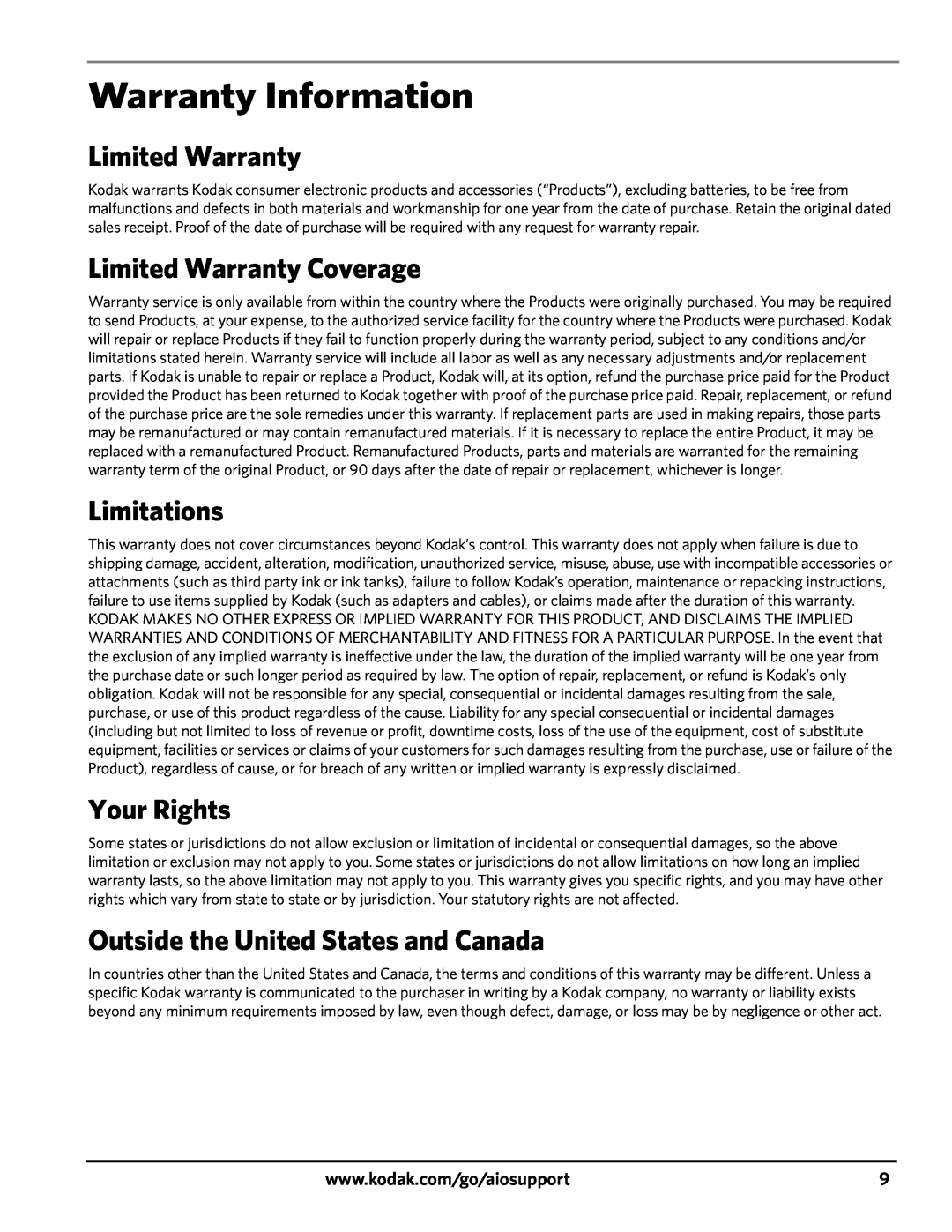 Kodak 3200 manual Warranty Information, Limited Warranty Coverage, Limitations, Your Rights 