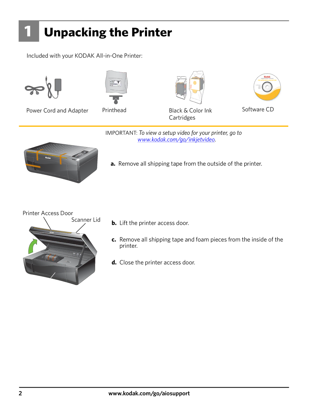 Kodak 3200 manual Unpacking the Printer, Important To view a setup video for your printer, go to 