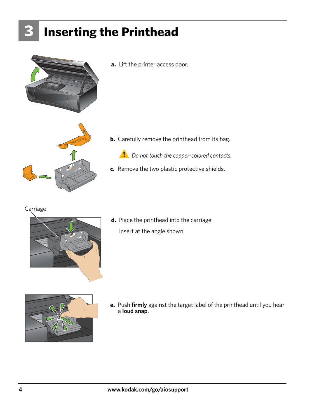 Kodak 3200 manual Inserting the Printhead, Do not touch the copper-colored contacts 