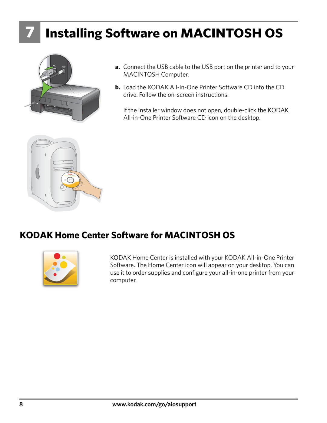 Kodak 3200 manual Installing Software on Macintosh OS, Kodak Home Center Software for Macintosh OS 