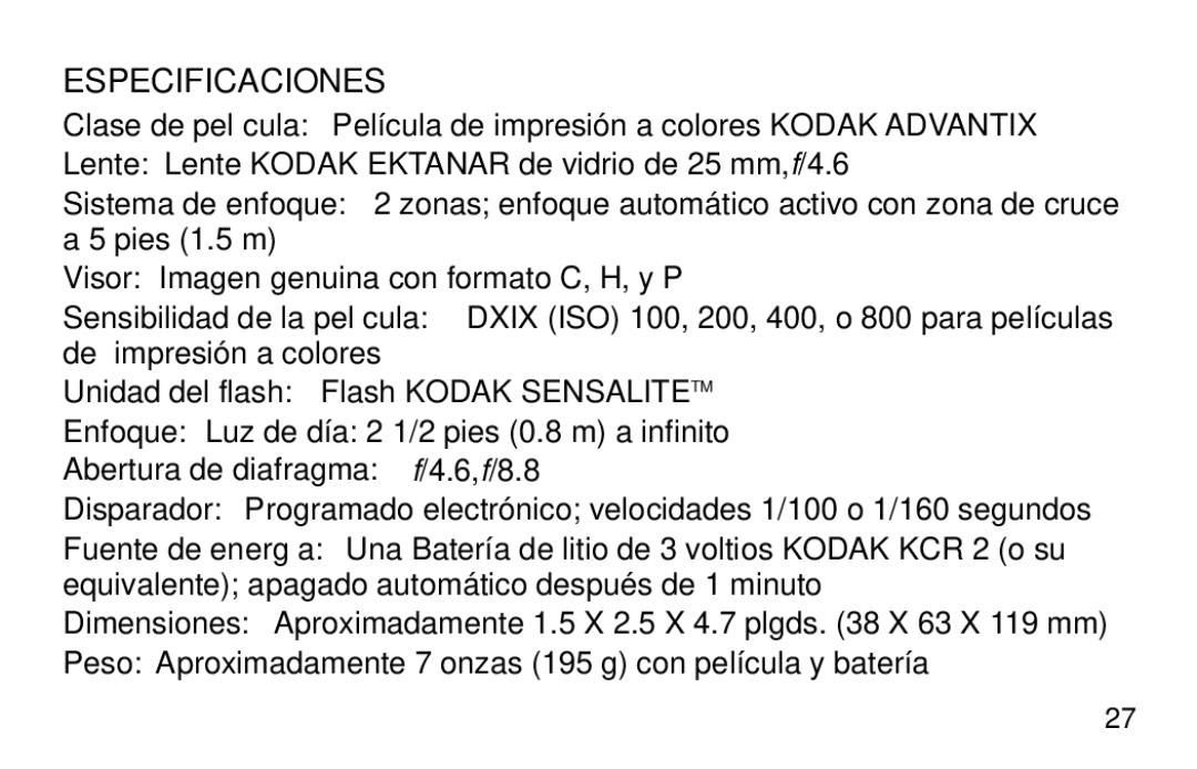 Kodak 3200AF manual Especificaciones, Abertura de diafragma f/4.6,f/8.8 