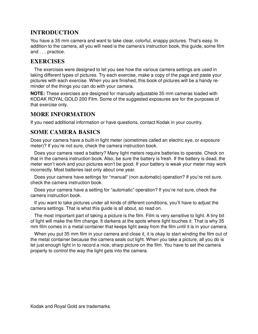 Kodak 35 mm Camera manual Introduction, Exercises, More Information, Some Camera Basics 