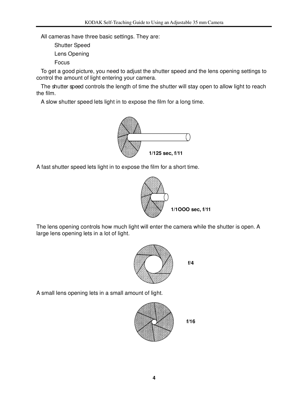 Kodak 35 mm Camera manual 125 sec, f/11 