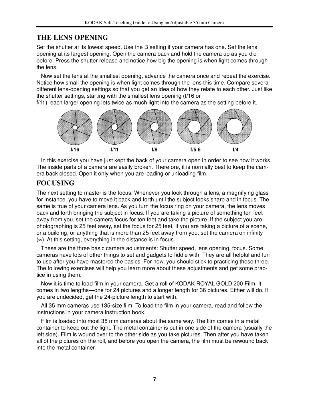 Kodak 35 mm Camera manual Lens Opening, Focusing 