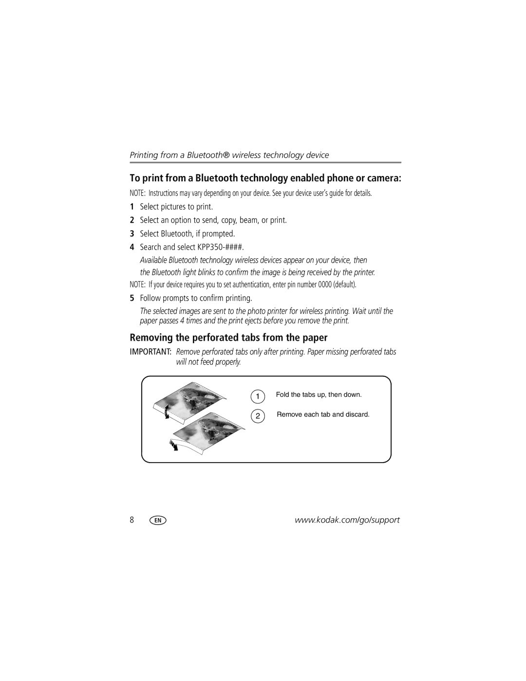 Kodak 350 manual Removing the perforated tabs from the paper, Follow prompts to confirm printing 