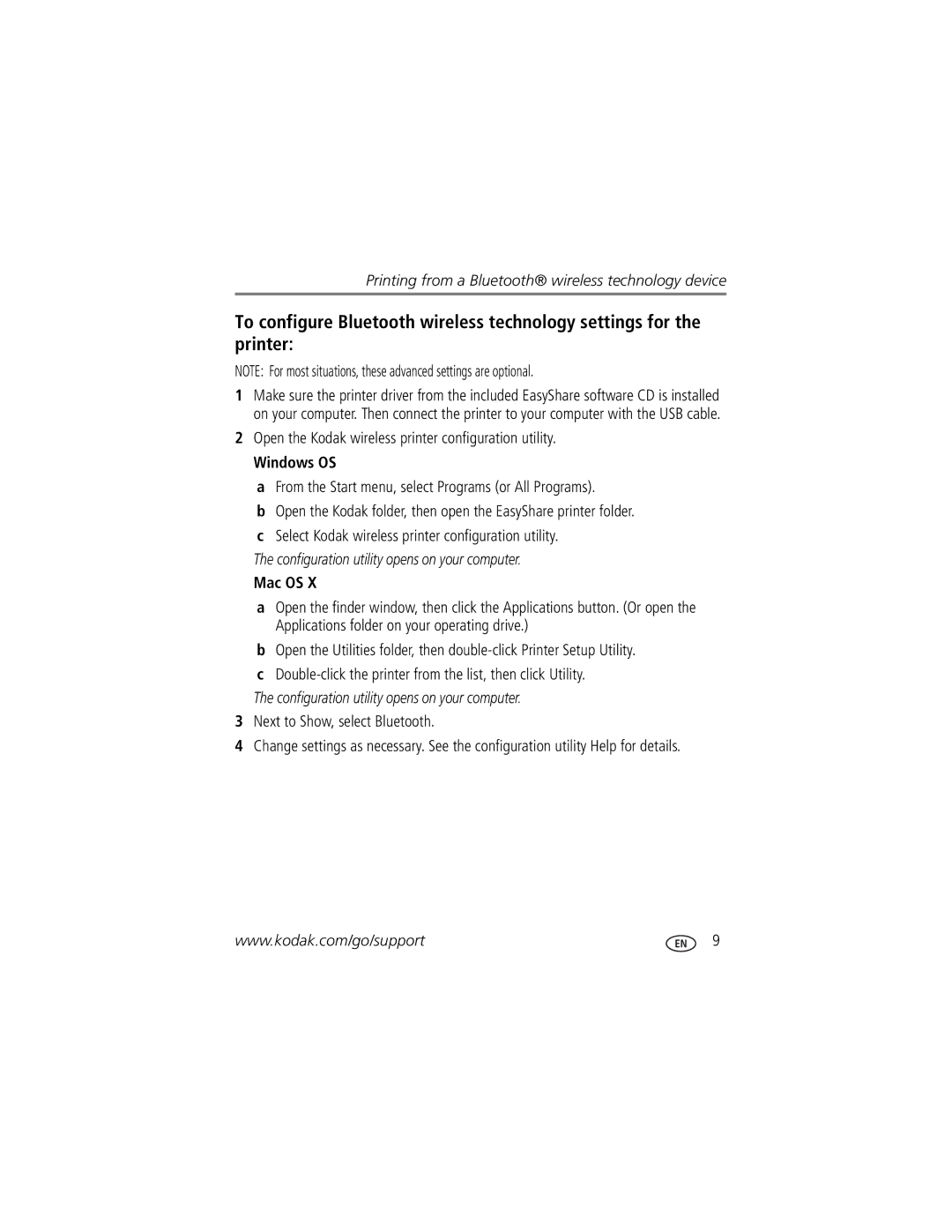 Kodak 350 manual Open the Kodak wireless printer configuration utility, Next to Show, select Bluetooth 