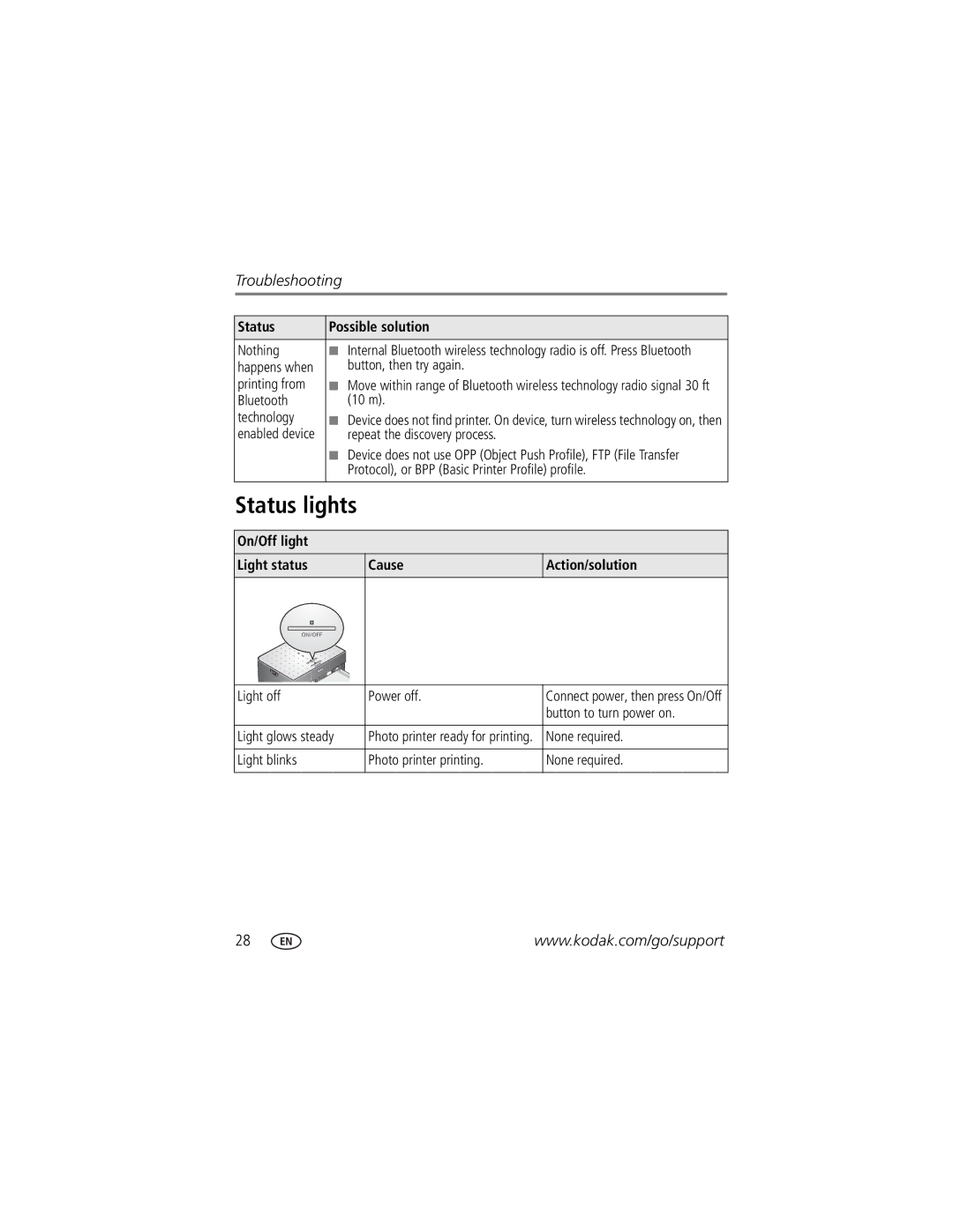 Kodak 350 manual Status lights, On/Off light Light status Cause Action/solution 