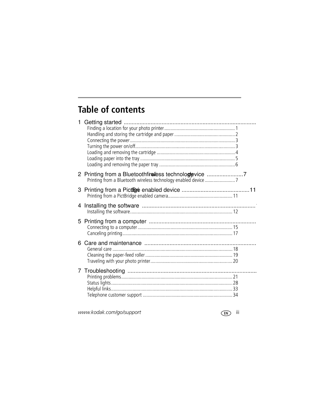 Kodak 350 manual Table of contents 