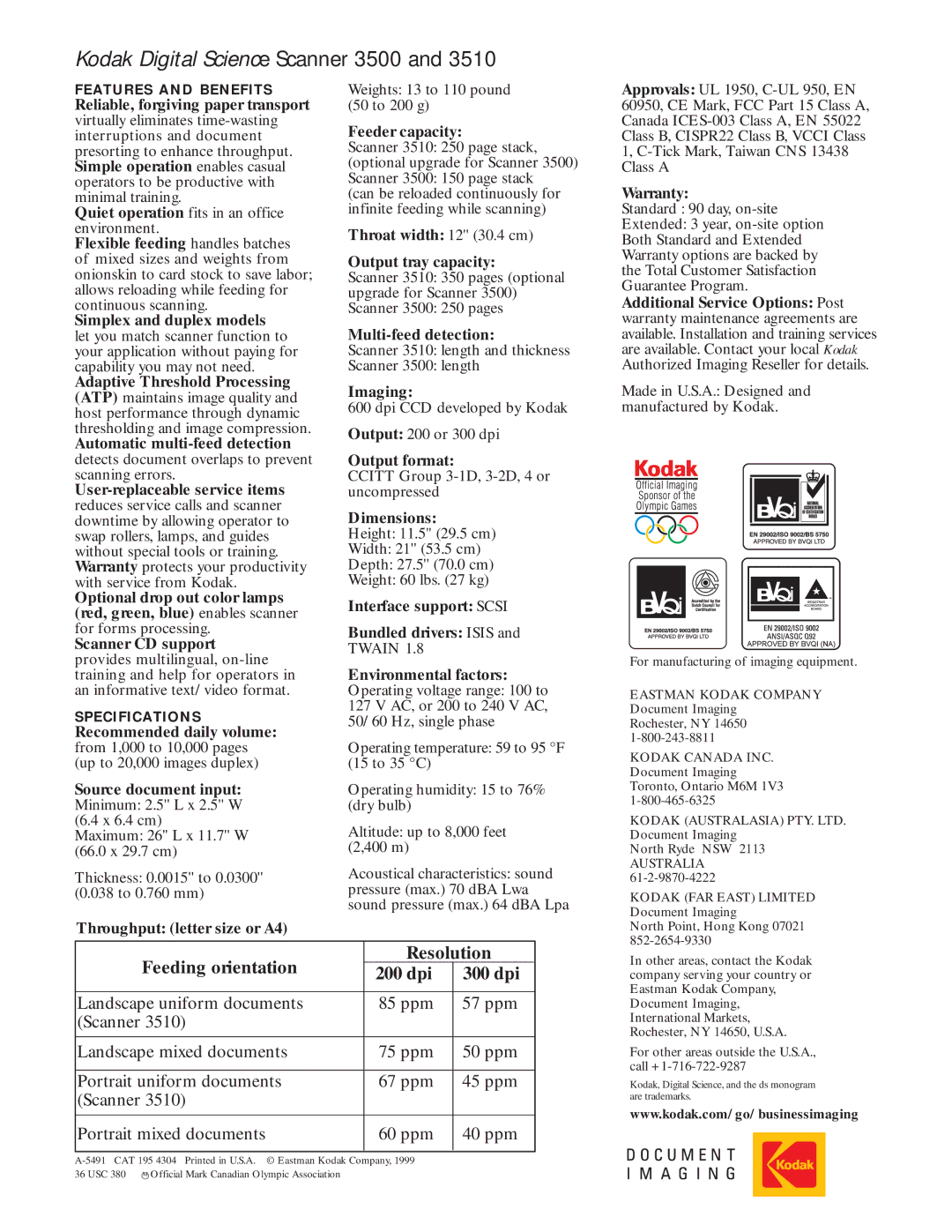 Kodak 3510 manual Kodak Digital Science Scanner 3500, Feeding orientation Resolution 200 dpi 300 dpi 