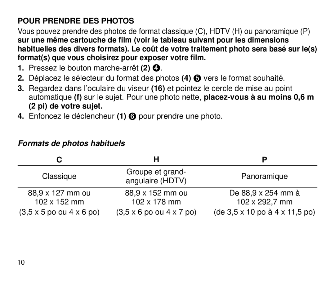 Kodak 3600 ix manual Pour Prendre DES Photos, Formats de photos habituels 