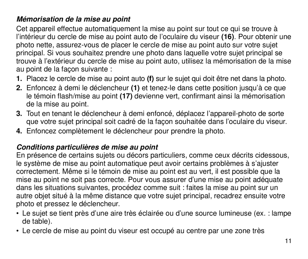 Kodak 3600 ix manual Mémorisation de la mise au point, Conditions particulières de mise au point 