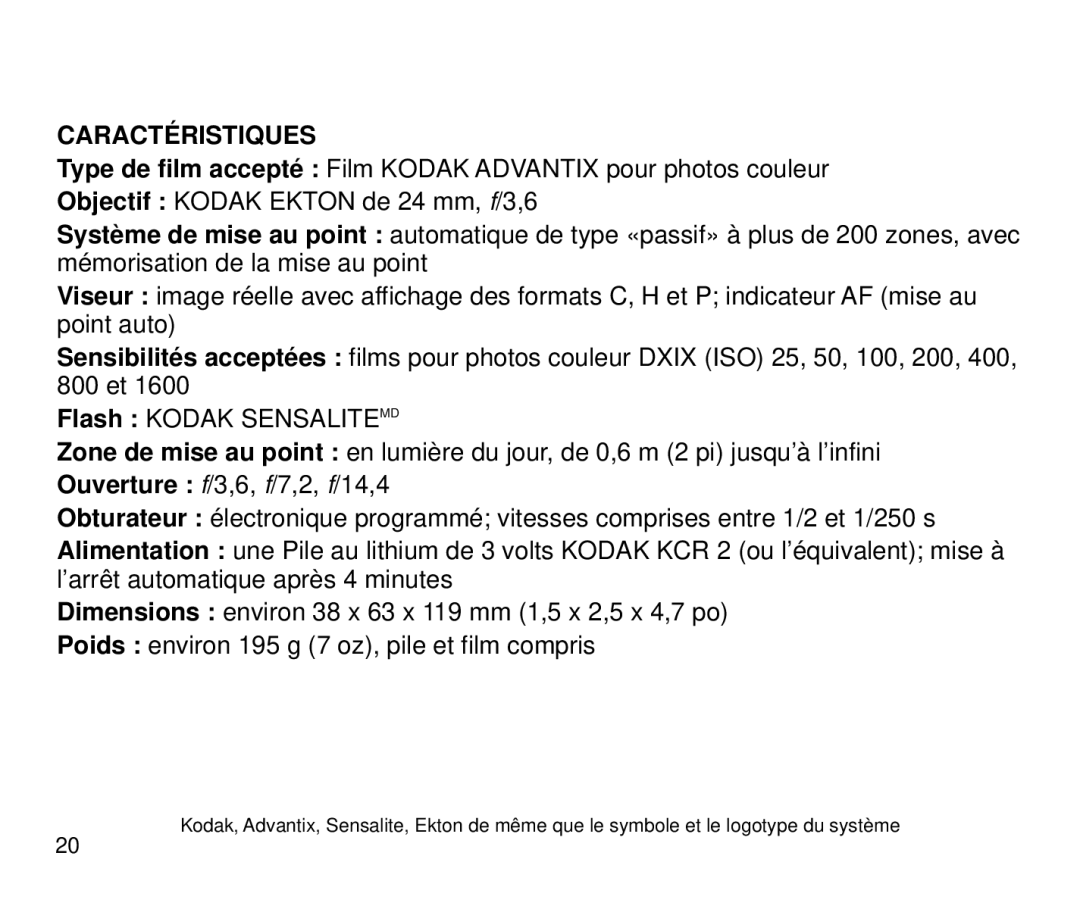 Kodak 3600 ix manual Caractéristiques 