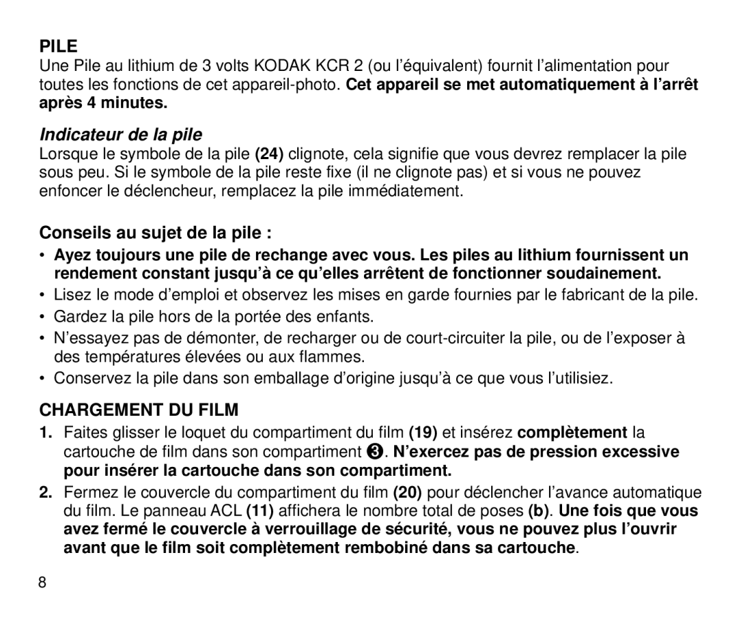 Kodak 3600 ix manual Pile, Indicateur de la pile, Conseils au sujet de la pile, Chargement DU Film 