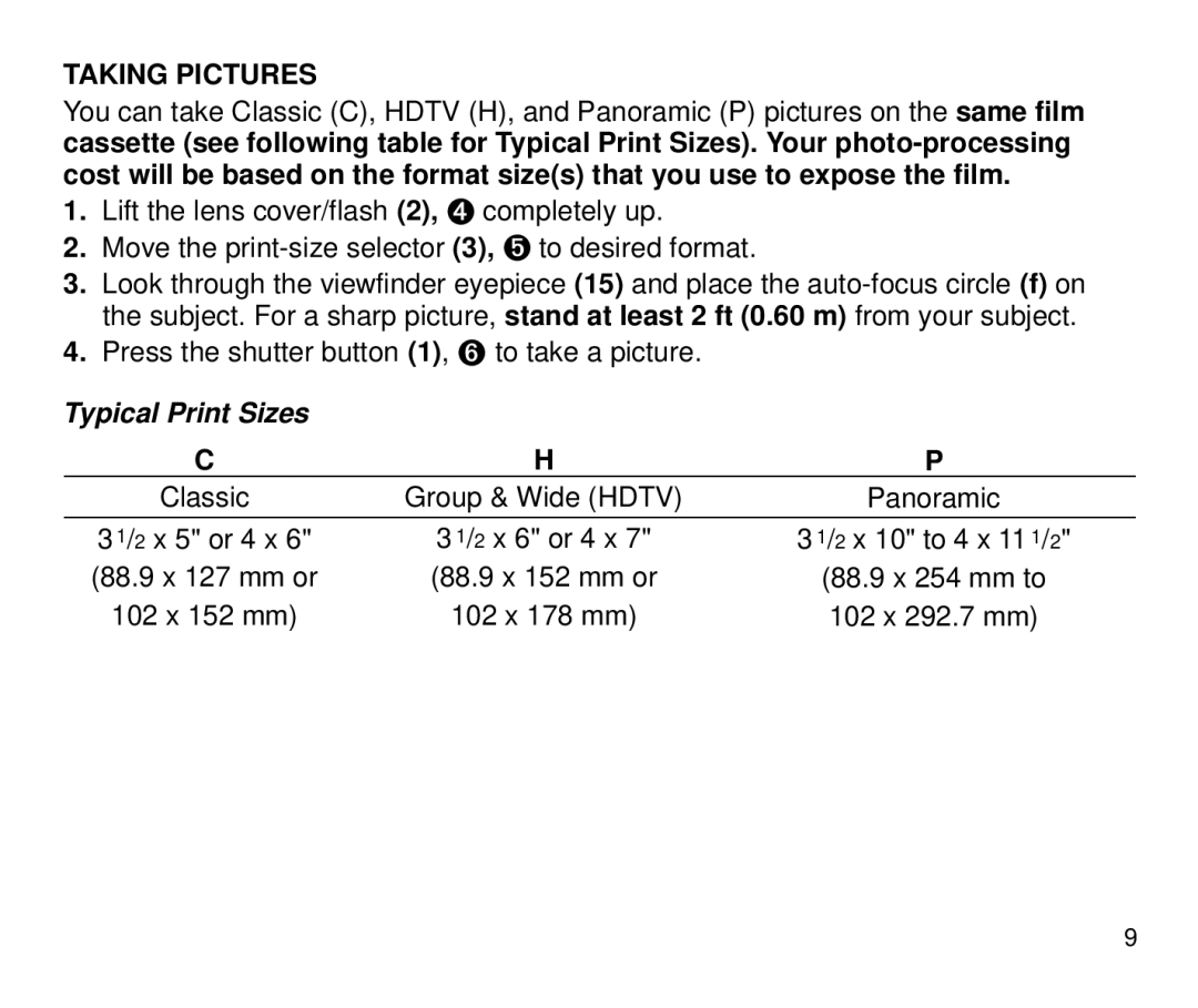 Kodak 3800ix, 3700ix manual Taking Pictures, Typical Print Sizes 