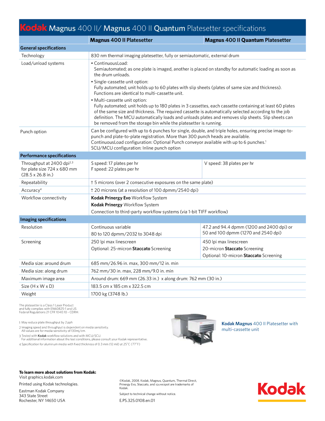 Kodak 400 II manual General specifications, Performance specifications, Imaging specifications 