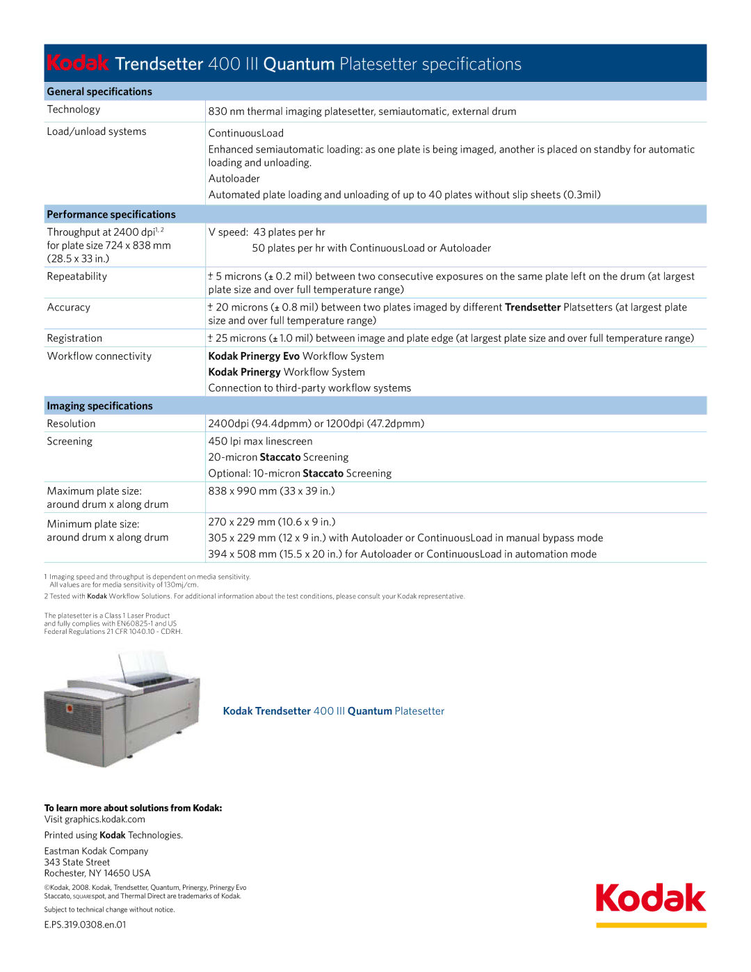 Kodak 400 III manual General specifications, Performance specifications, Kodak Prinergy Evo Workflow System 