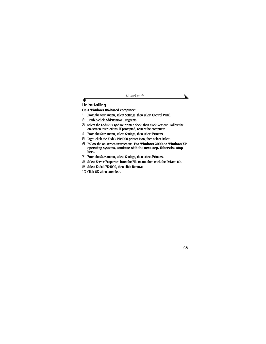 Kodak 4000 manual Uninstalling, Chapter, On a Windows OS-basedcomputer 