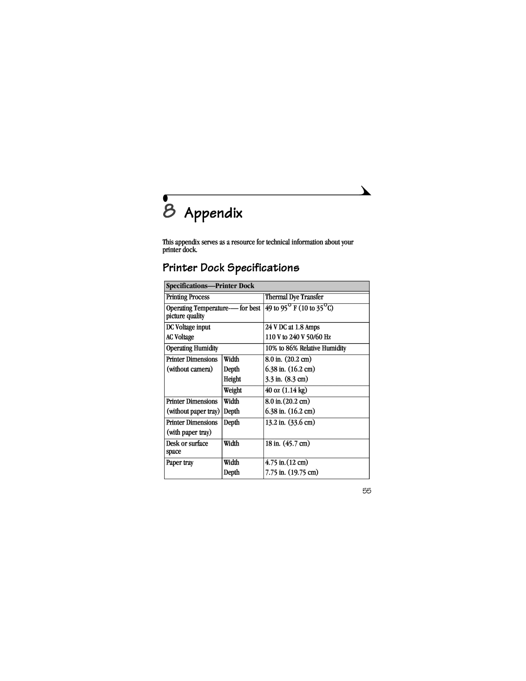 Kodak 4000 manual Appendix, Printer Dock Specifications, Specifications-PrinterDock 