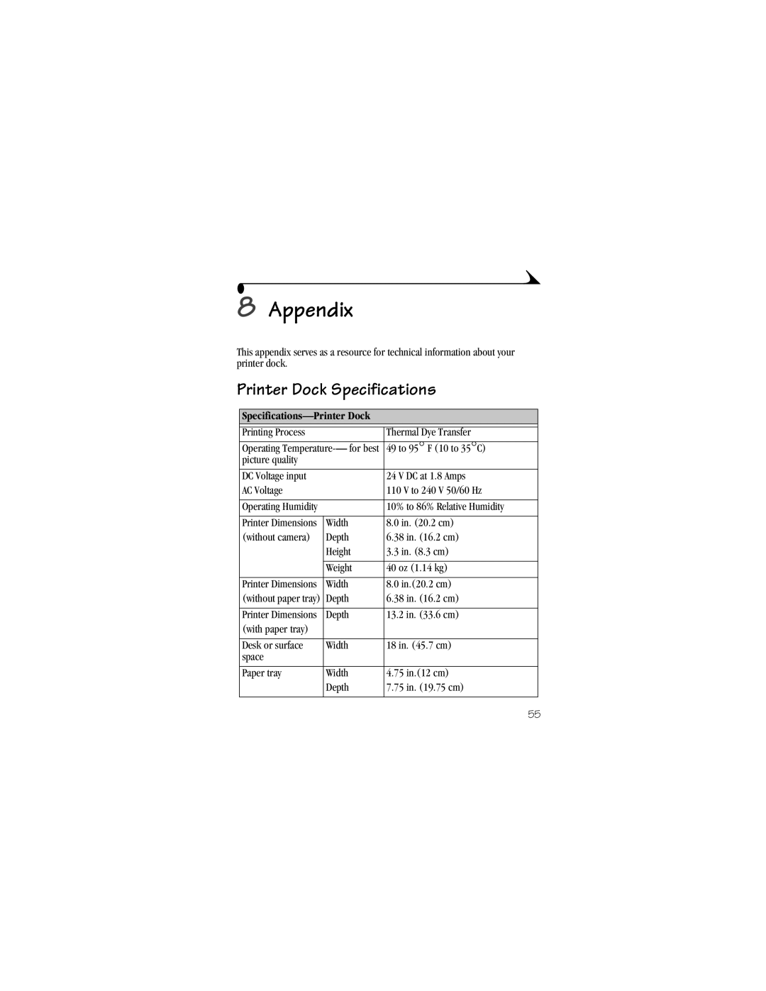 Kodak 4000 manual Appendix, Printer Dock Specifications, Specifications-Printer Dock 