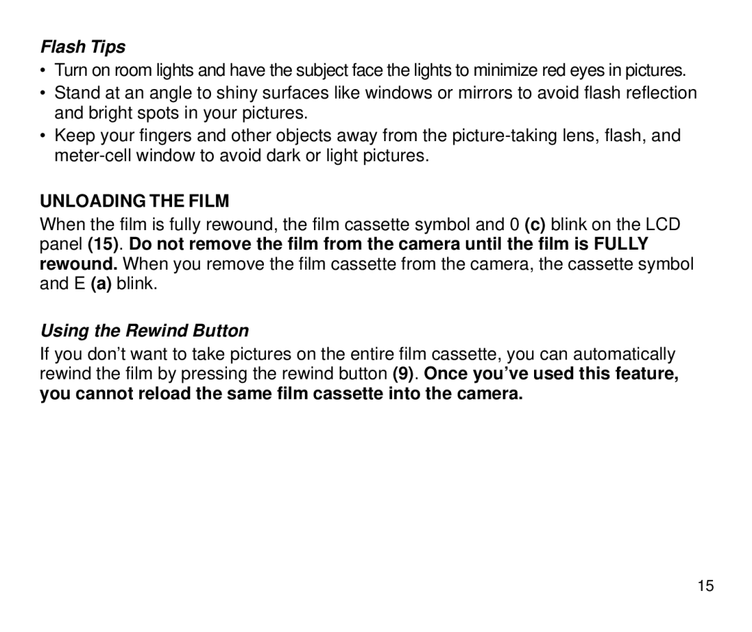 Kodak 4100ix manual Flash Tips, Unloading the Film, Using the Rewind Button 