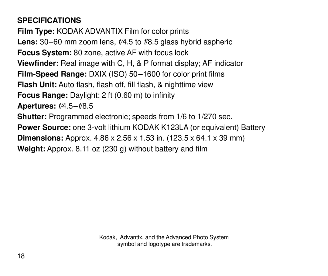 Kodak 4100ix manual Specifications, Apertures f/4.5-f/8.5 