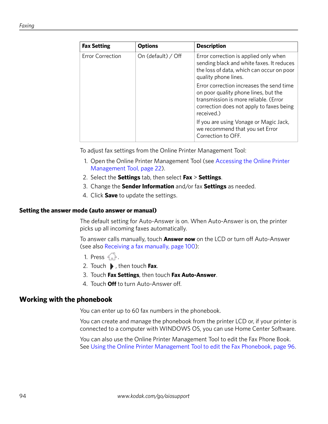 Kodak 4.2 Working with the phonebook, Setting the answer mode auto answer or manual 