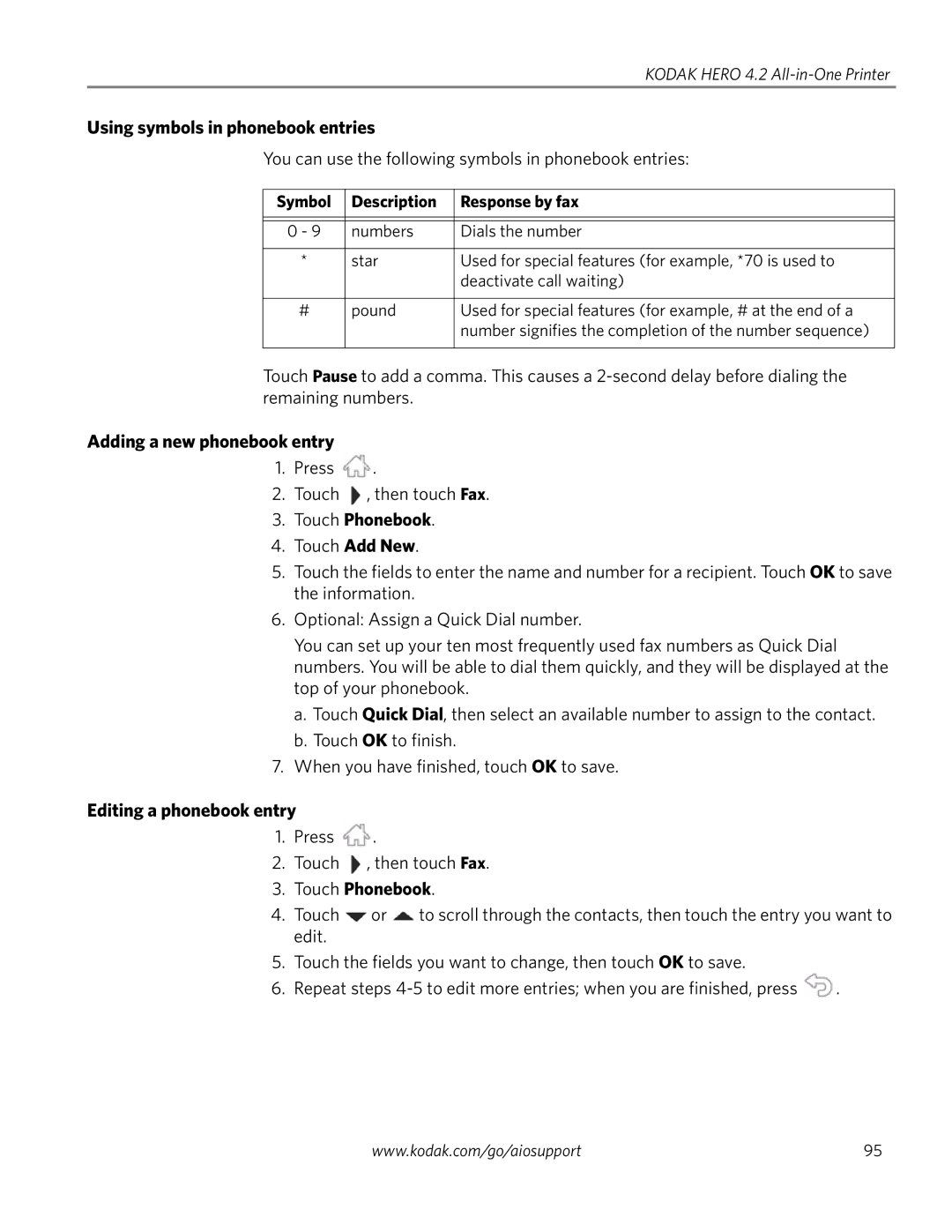 Kodak 4.2 Using symbols in phonebook entries, Adding a new phonebook entry, Touch Phonebook, Editing a phonebook entry 