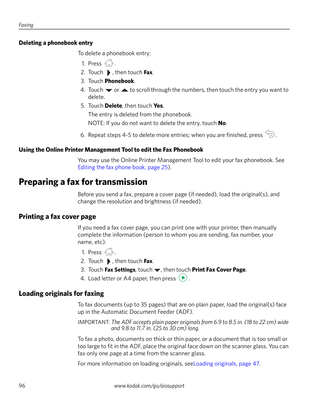 Kodak 4.2 Preparing a fax for transmission, Printing a fax cover, Loading originals for faxing, Deleting a phonebook entry 