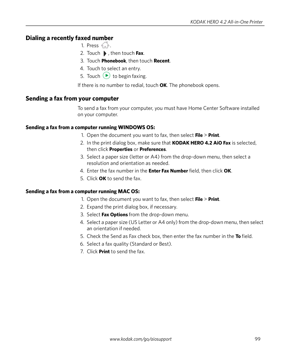 Kodak 4.2 Dialing a recently faxed number, Sending a fax from your computer, Sending a fax from a computer running MAC OS 