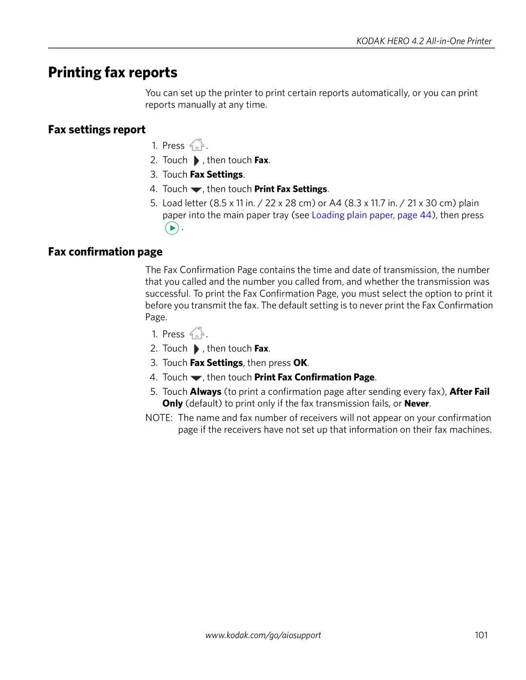 Kodak 4.2 manual Printing fax reports, Fax settings report, Fax confirmation, Touch Fax Settings 