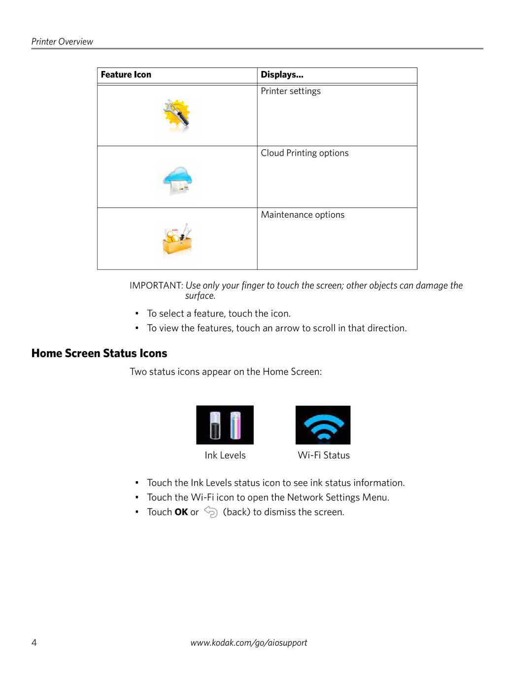 Kodak 4.2 manual Home Screen Status Icons 