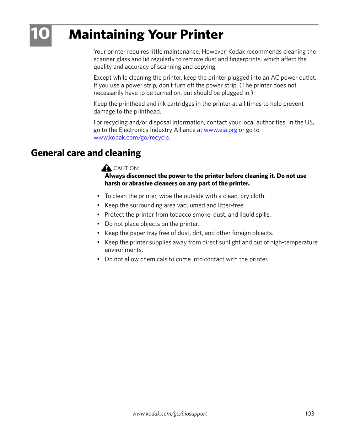 Kodak 4.2 manual Maintaining Your Printer, General care and cleaning 